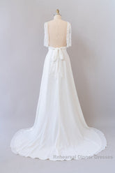 Long Empire A-line V-neck Lace Chiffon Open Back Wedding Dresses